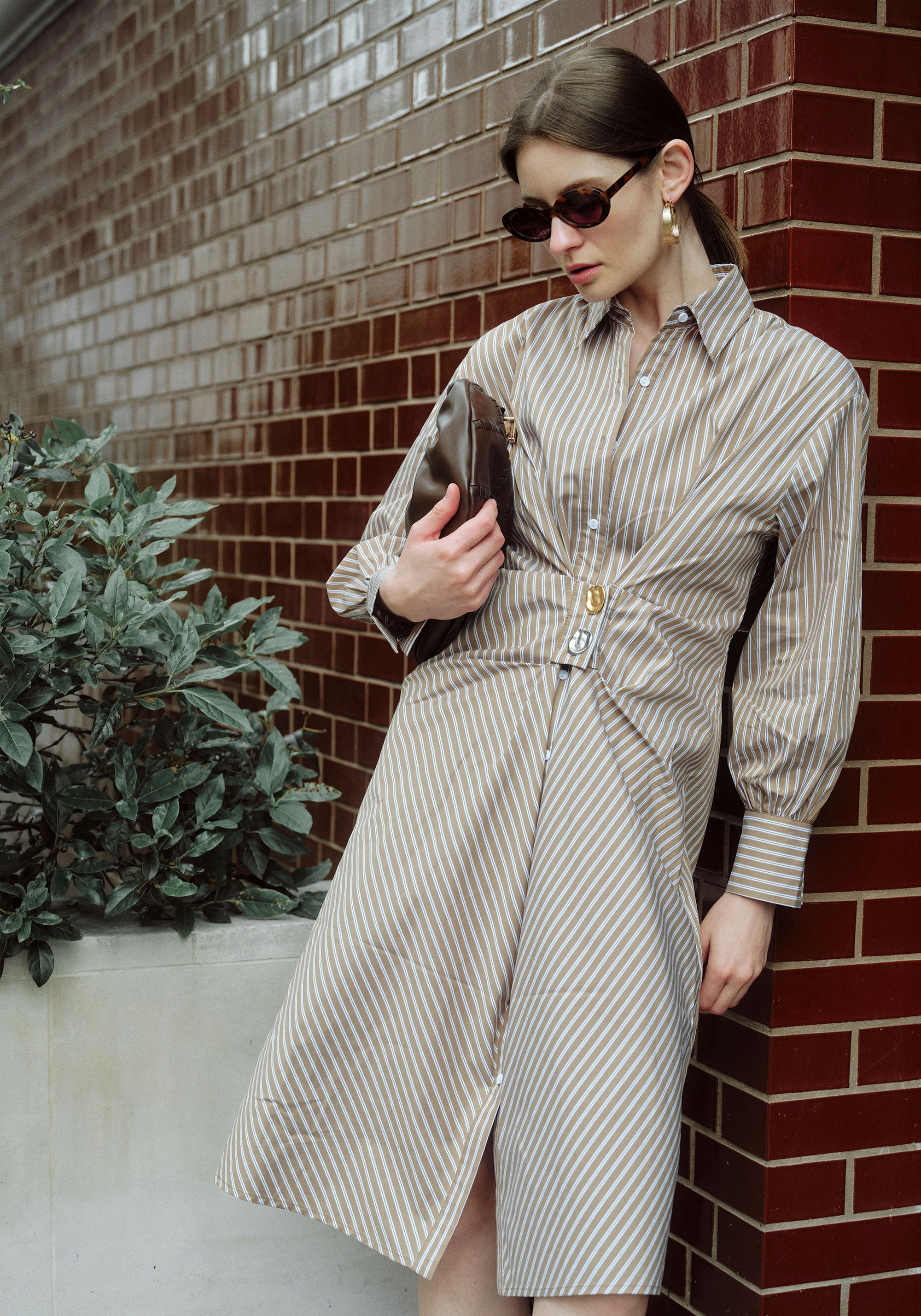 Asymmetric Striped Shirt Dress with Button Detail in Khaki Stripes Photoshoot