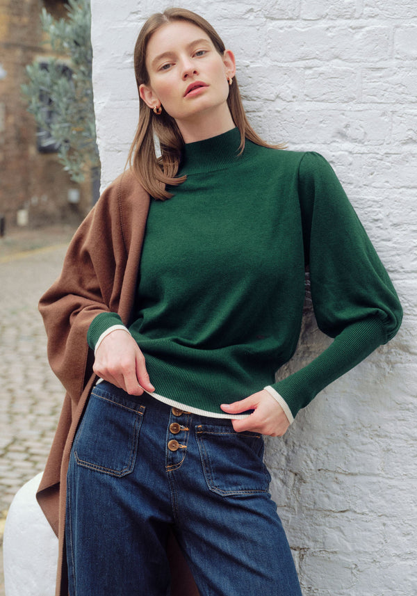 High Neck Knitted Top with Contrast Trim in Green Photoshoot