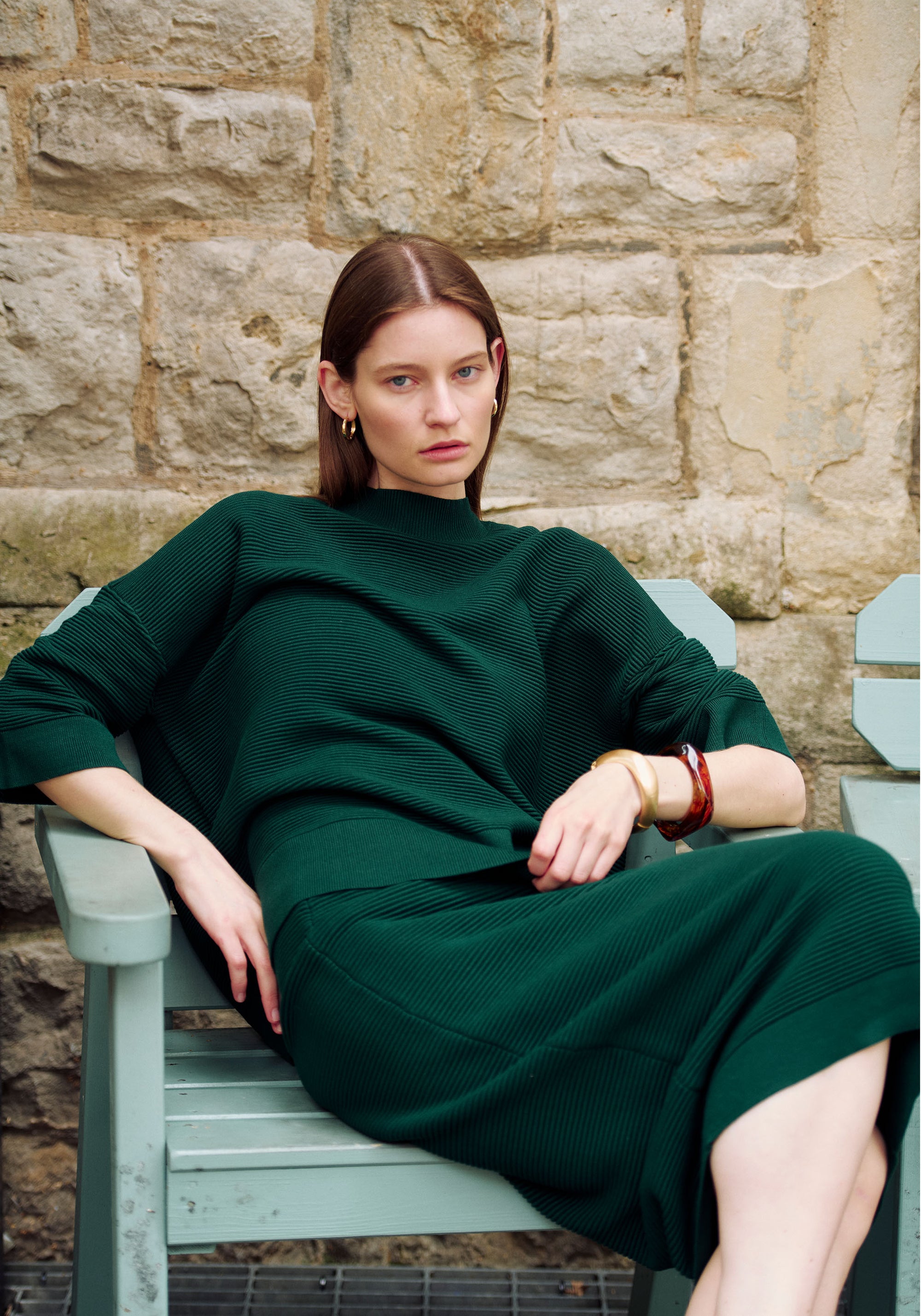 Ribbed Midi Skirt in Dark Green Photoshoot