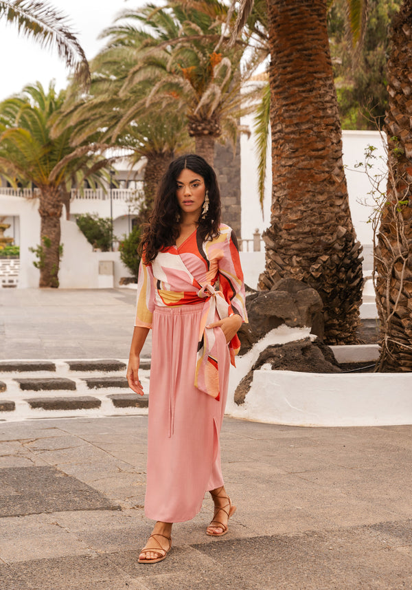 Retro Wave Wrap Kimono Blouse in Red, Pink, Peach, Brown and White