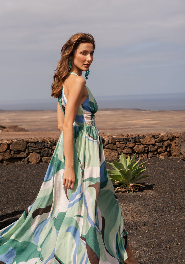 Retro Wave Halter Neck Maxi Dress in Green, Brown, Blue, Mint and White