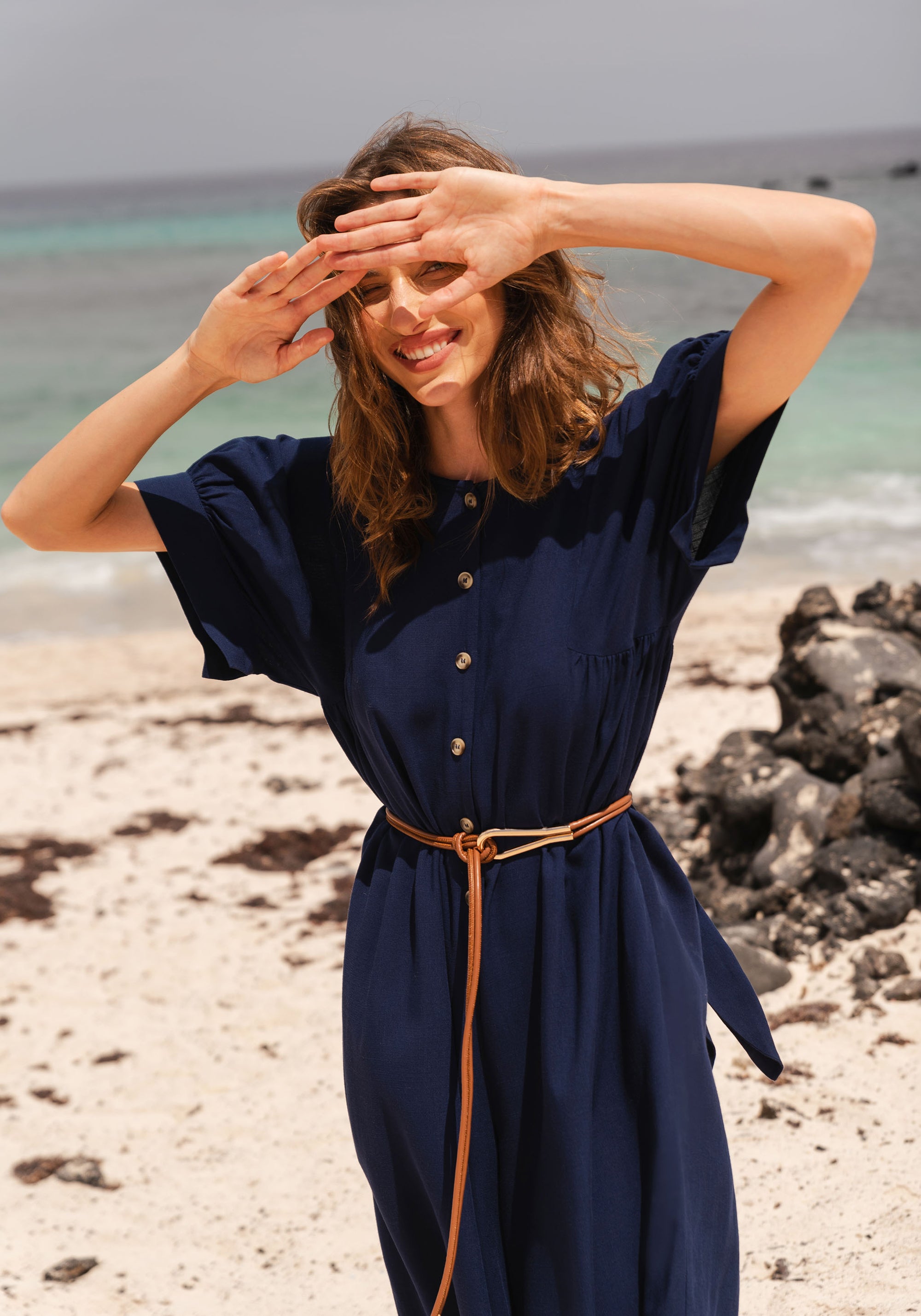 Relaxed Fit Wide Leg Jumpsuit with Belt in Navy
