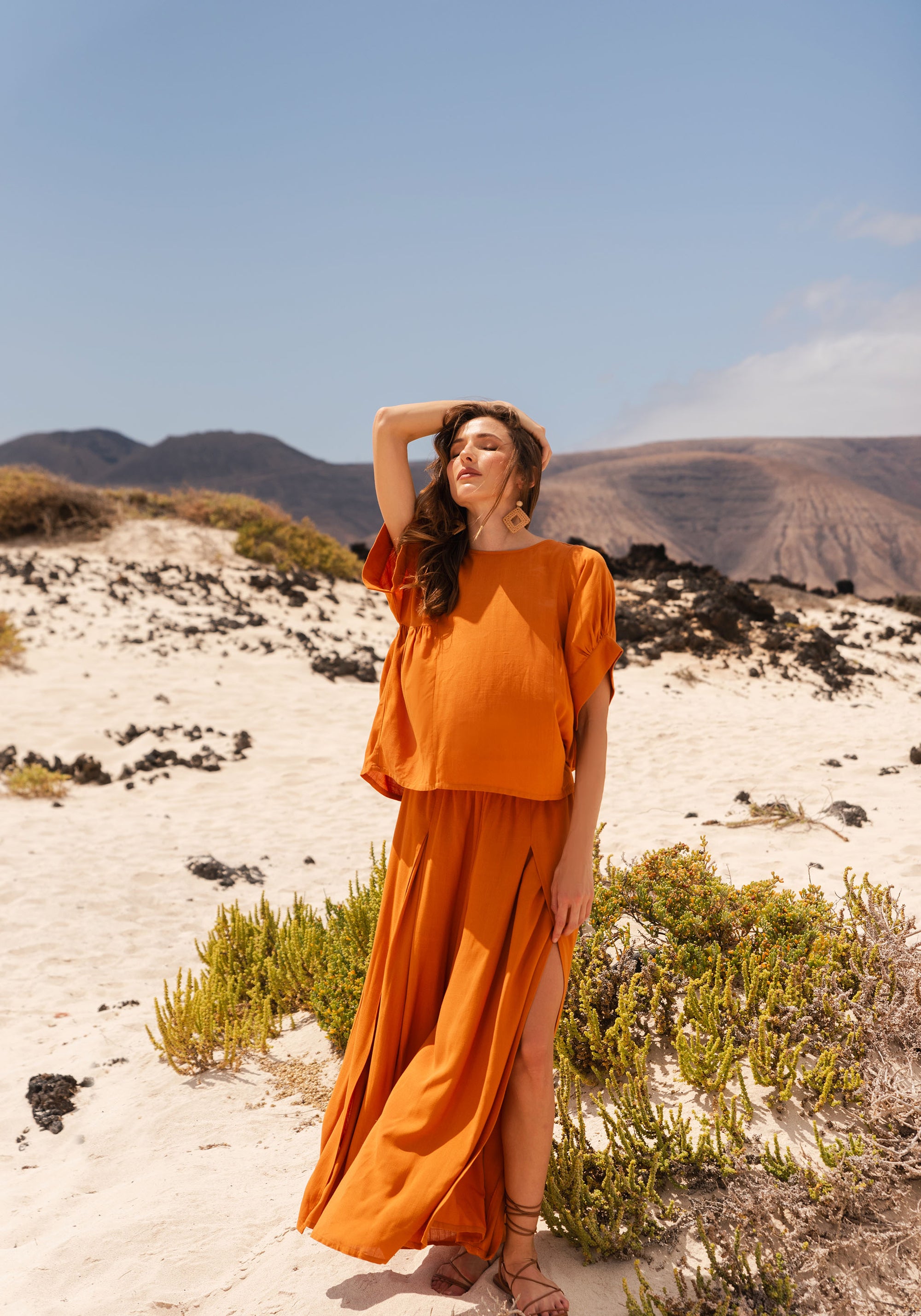 Side Splits Midi Skirt with Drawstring in Ochre Yellow Photoshoot