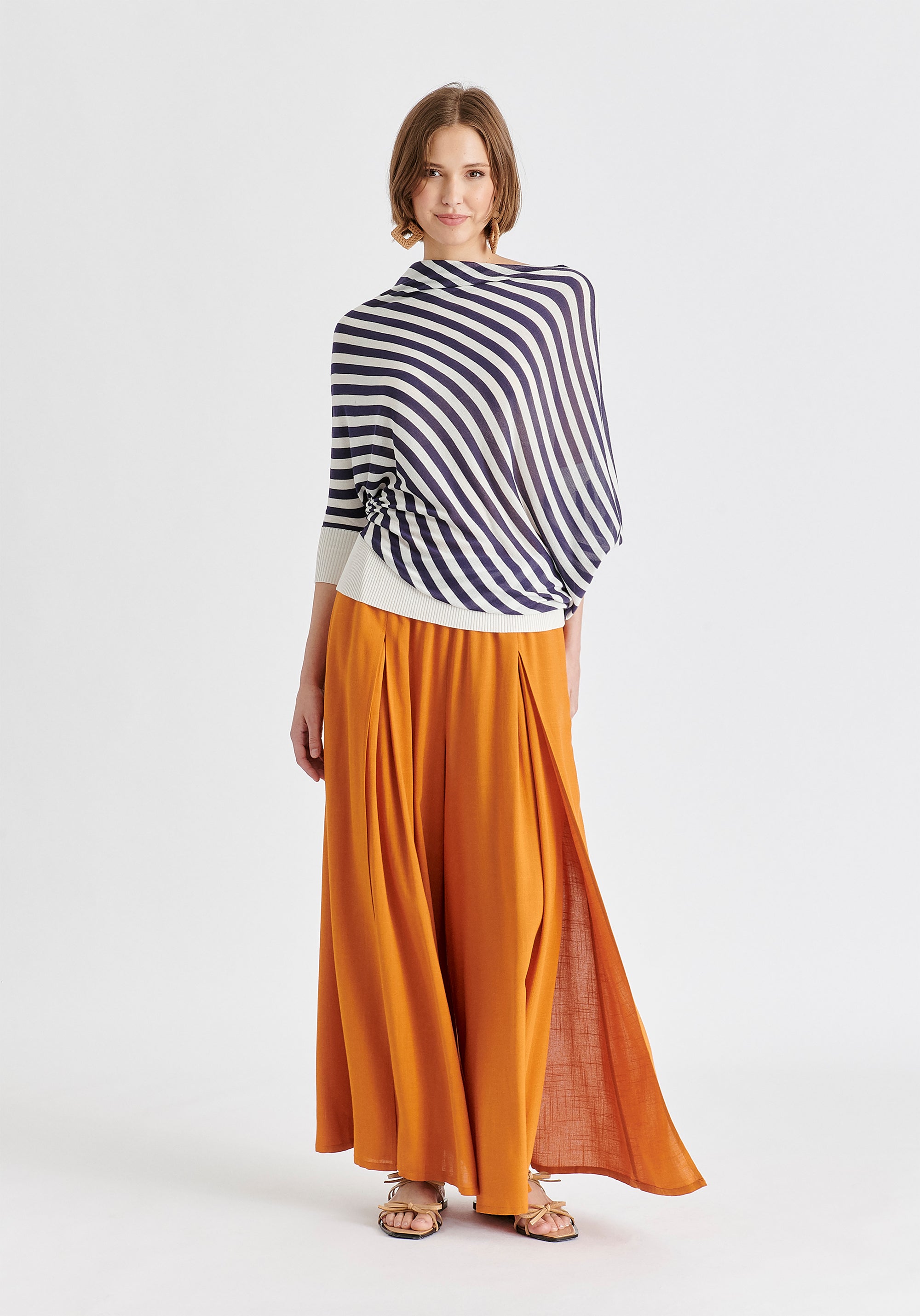 Draped Knit Top in White and Navy Front