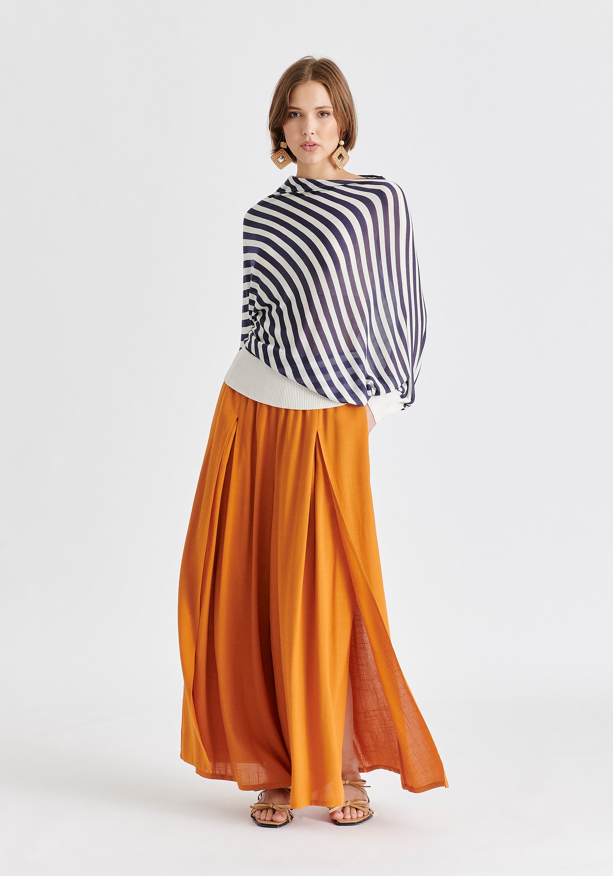 Draped Knit Top in White and Navy Front