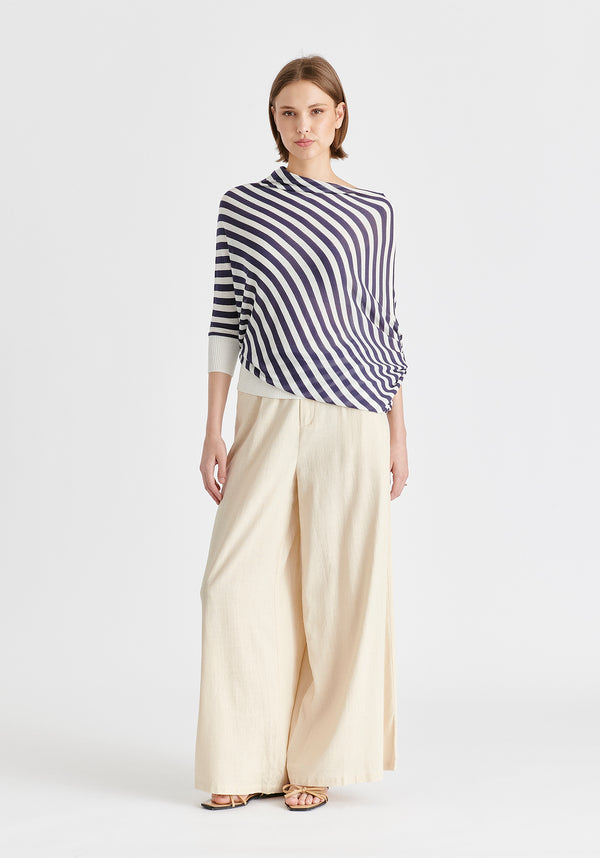 Draped Knit Top in White and Navy Front