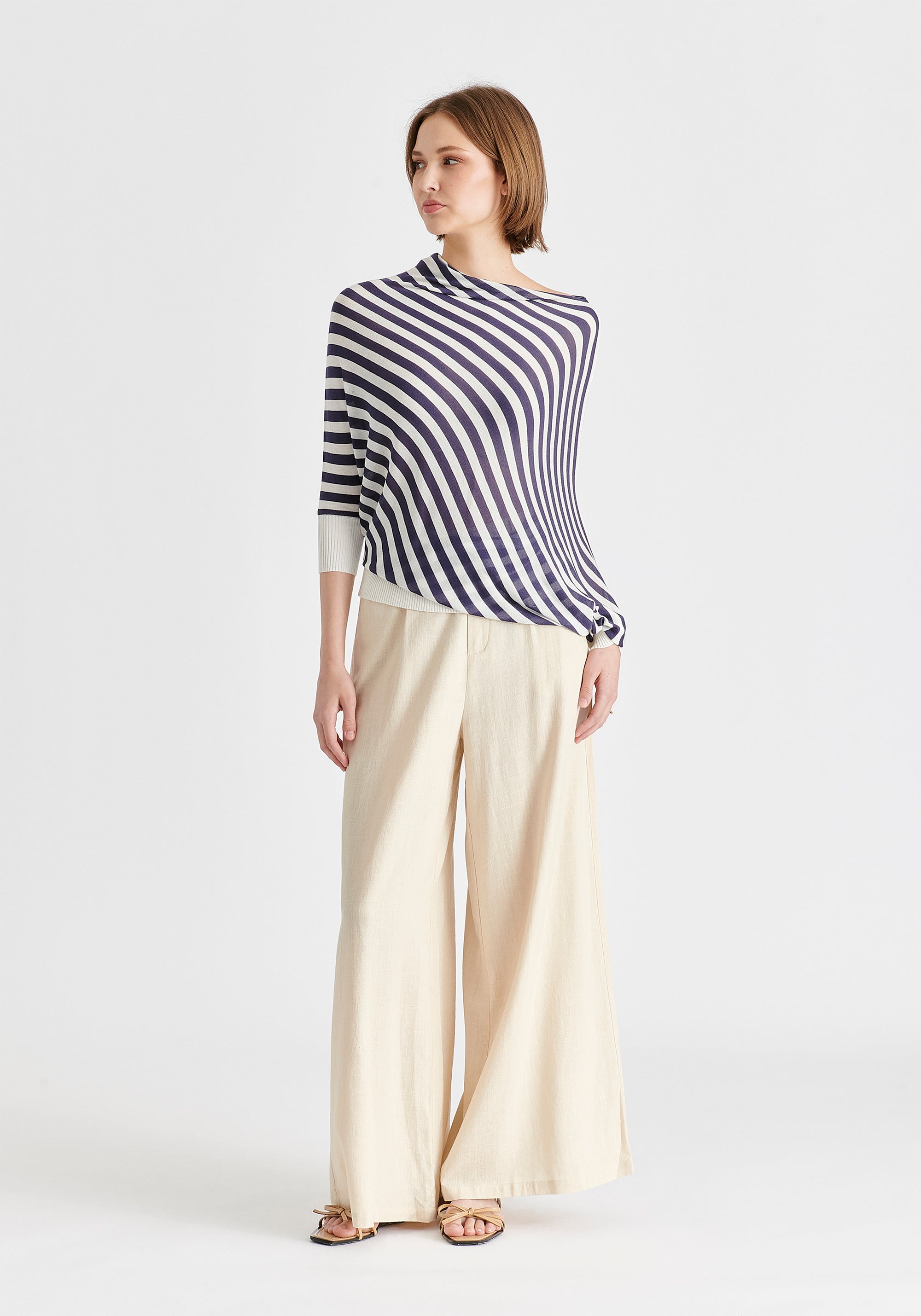 Draped Knit Top in White and Navy Side