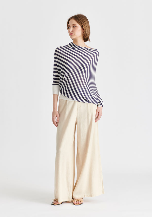 Draped Knit Top in White and Navy Side