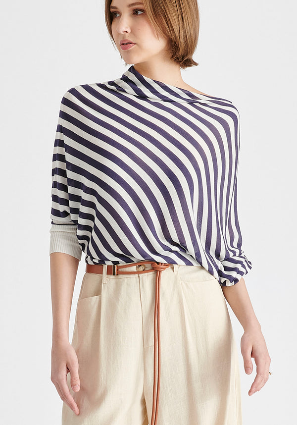 Draped Knit Top in White and Navy Closeup