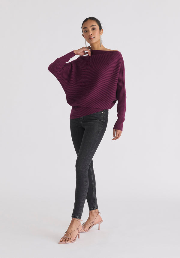 Draped Knitted Jumper in Midnight Plum Side