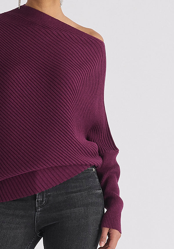 Draped Knitted Jumper in Midnight Plum Close Up