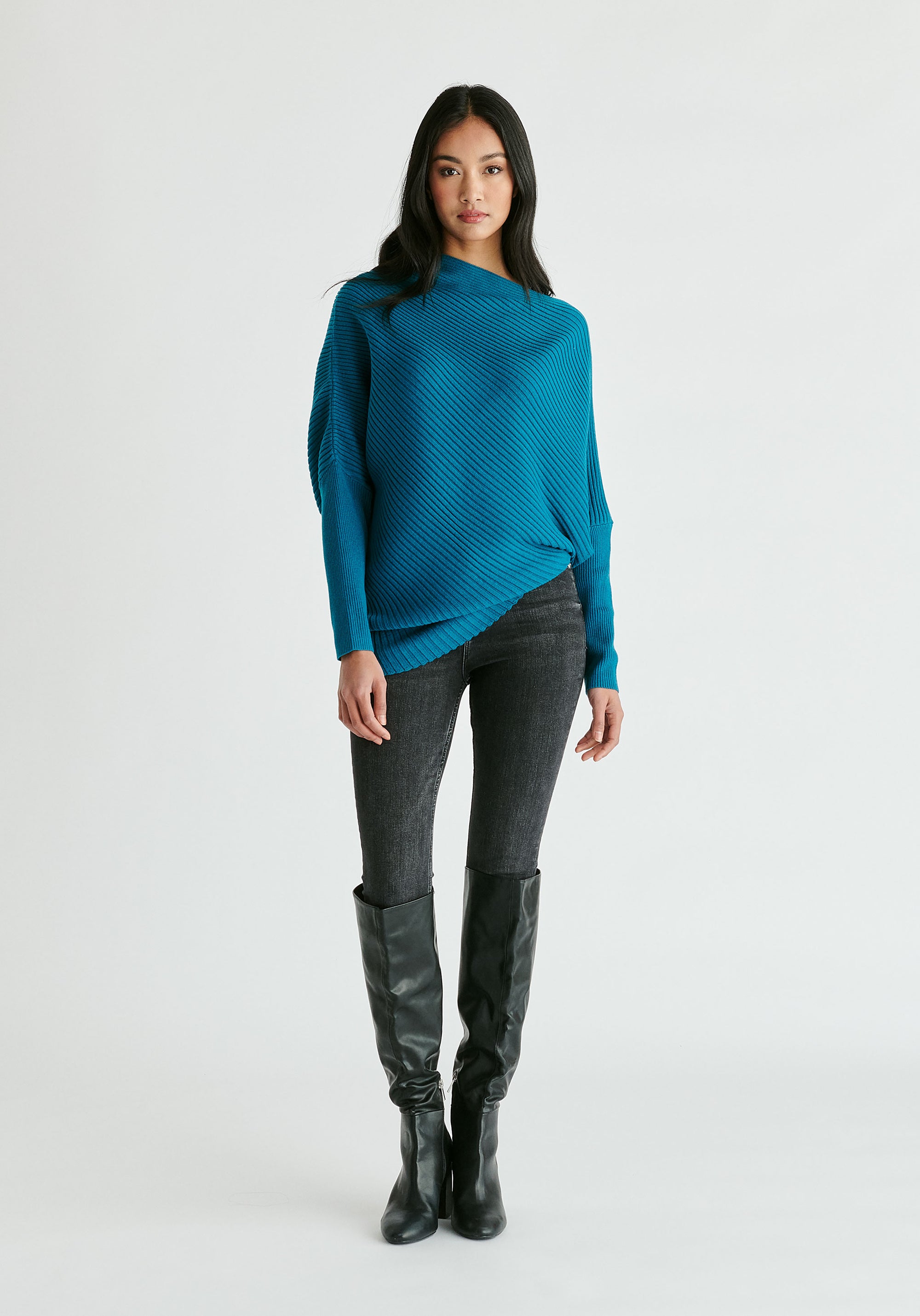 Draped Knitted Jumper in Ocean Blue Front