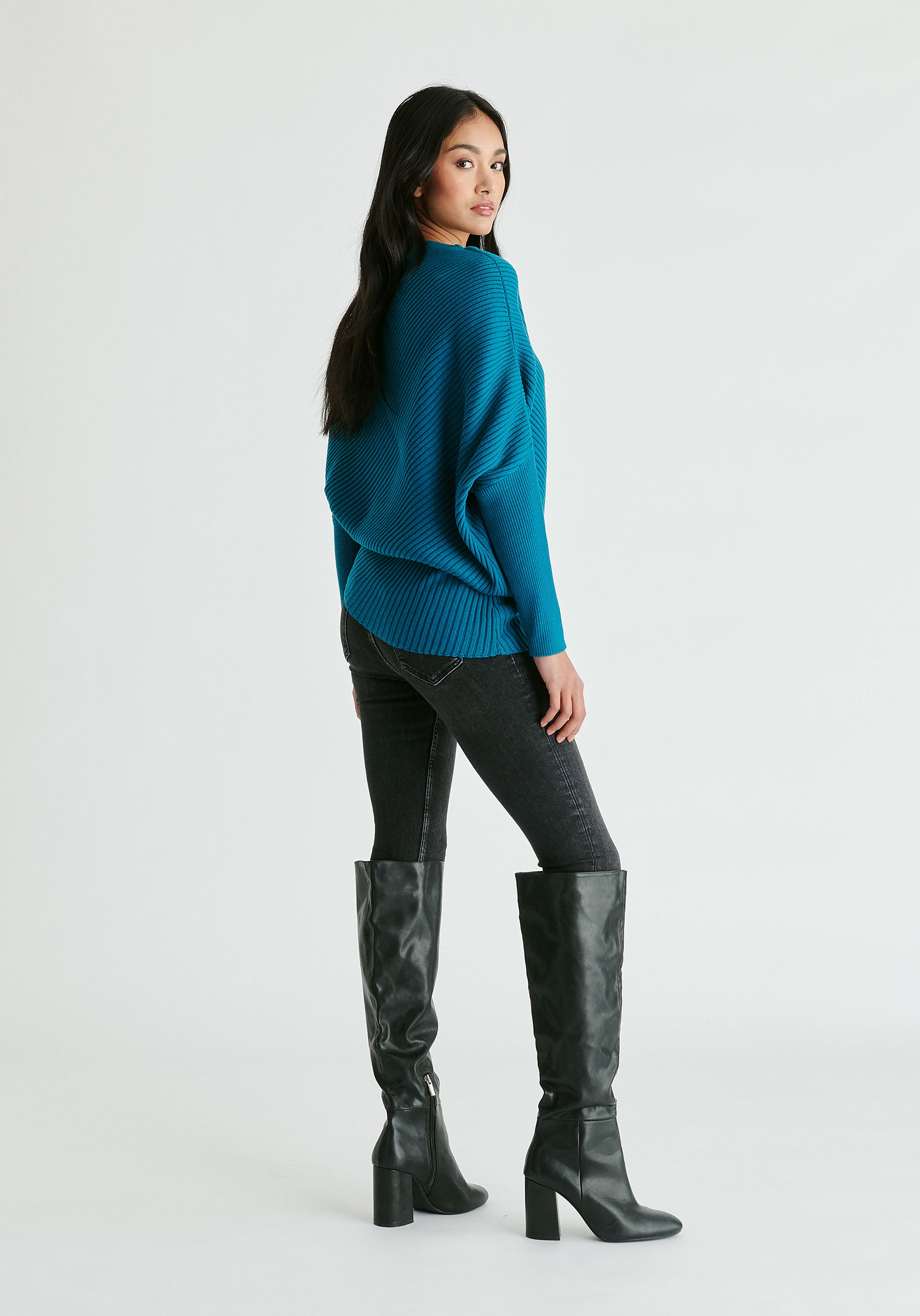 Draped Knitted Jumper in Ocean Blue Back