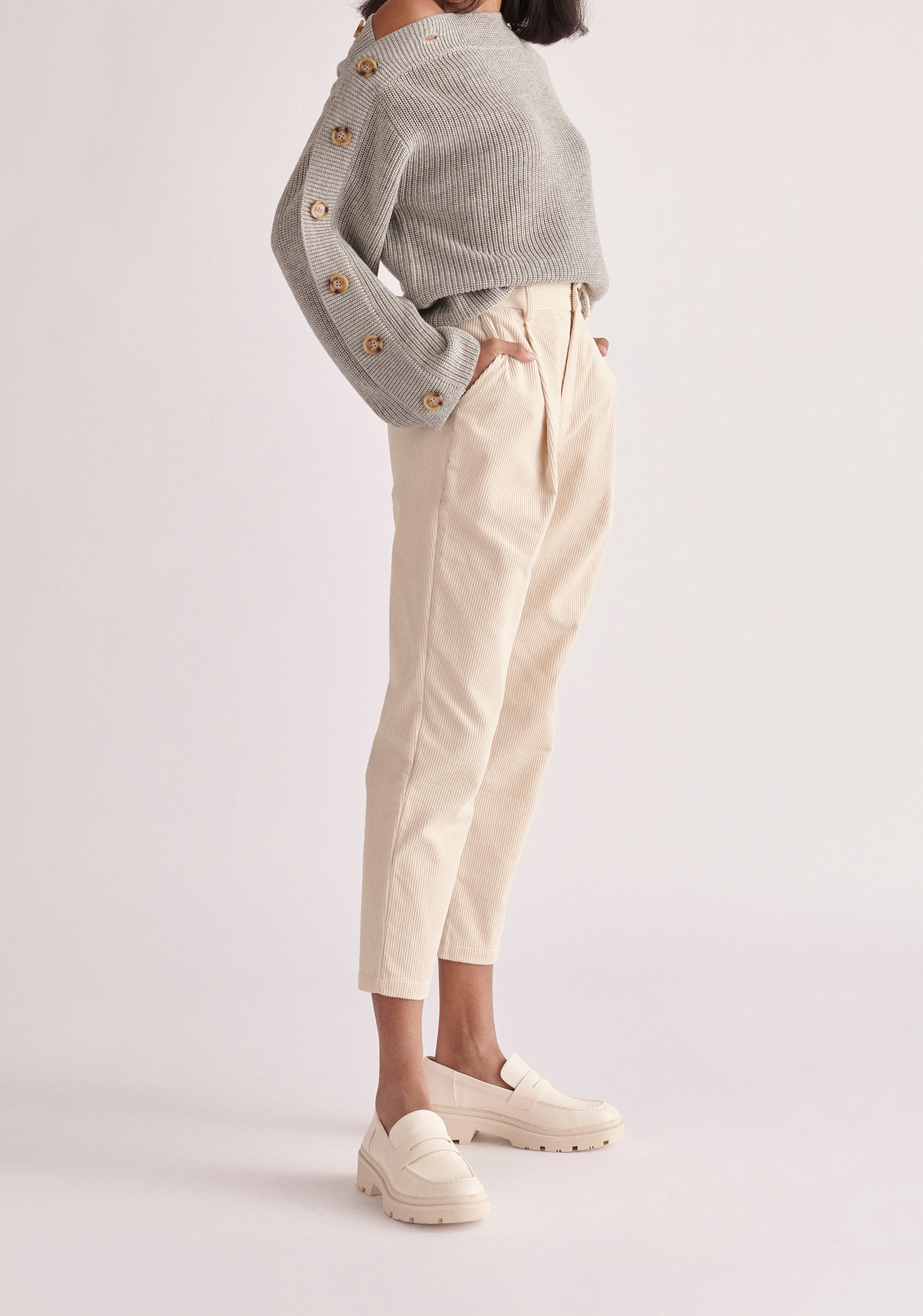 Paisie Button Sleeve Jumper in Light Grey