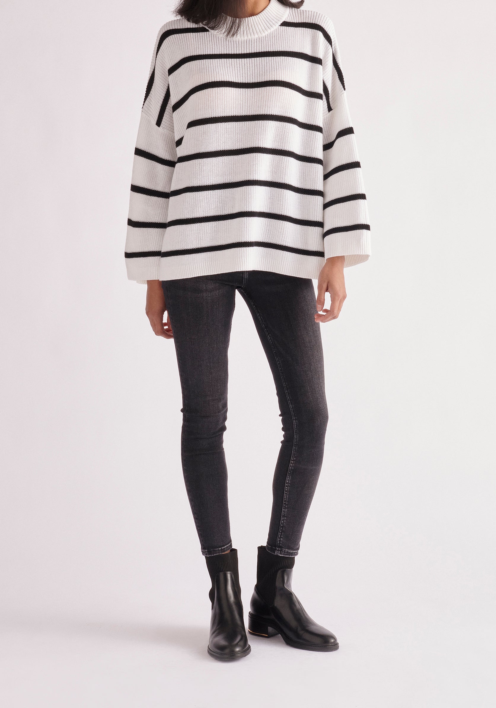 Paisie Striped High Neck Jumper in White and Black