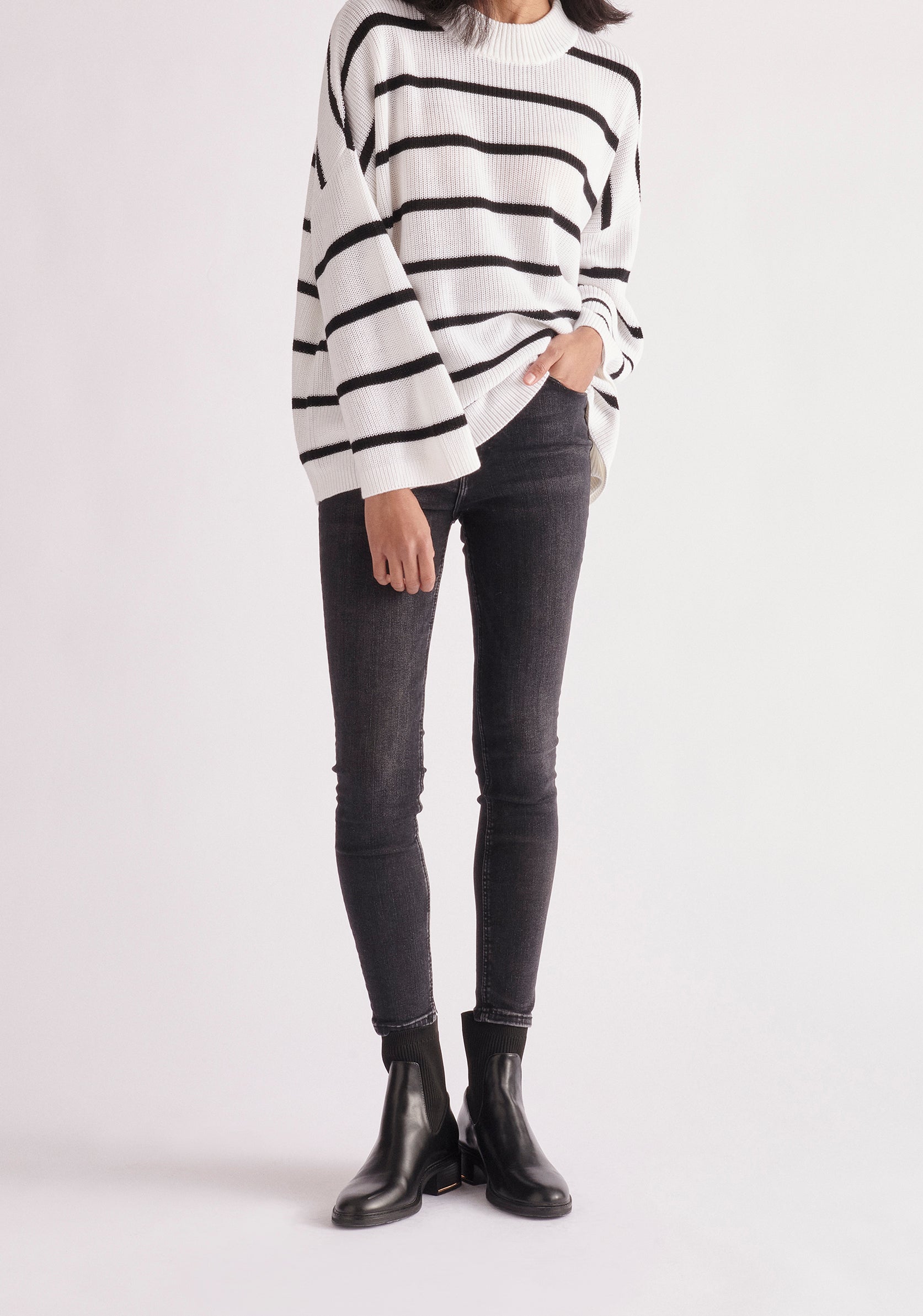 Paisie Striped High Neck Jumper in White and Black