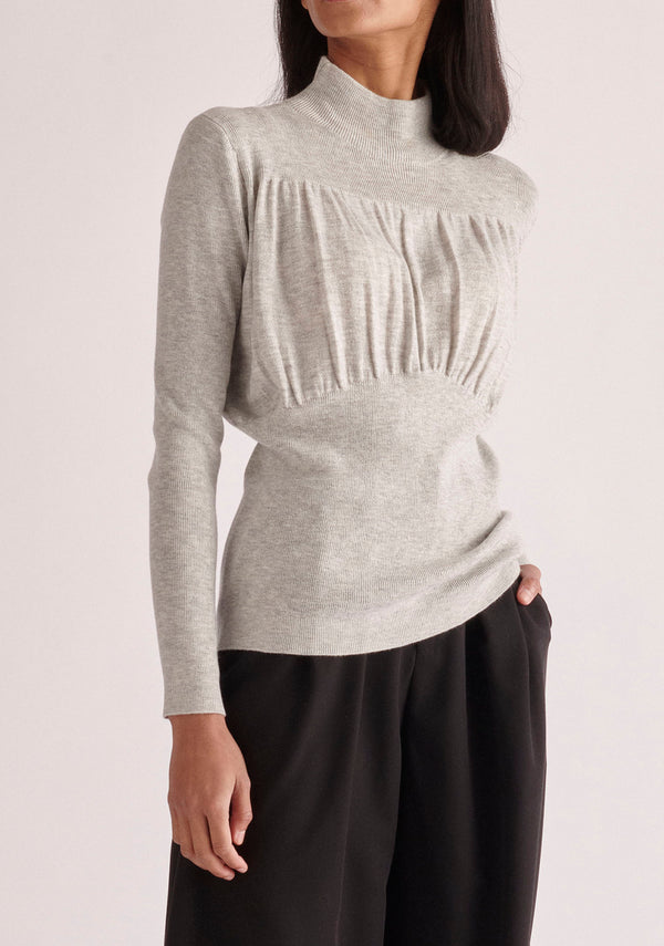 Paisie Ruched High Neck Knitted Top in Light Grey