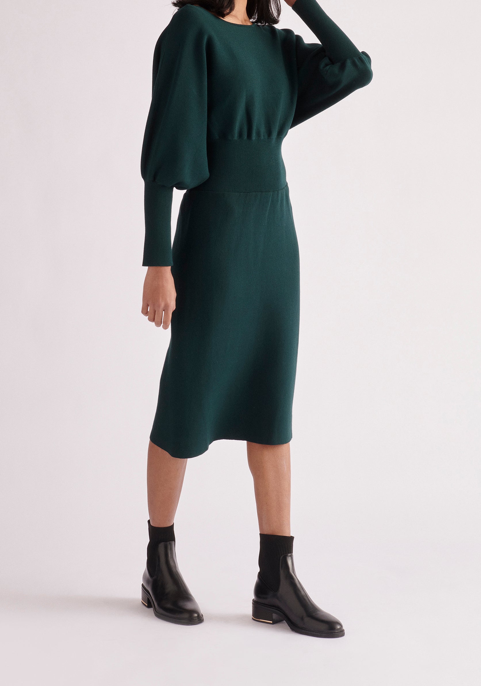 Paisie Balloon Sleeve Knitted Dress in Dark Green