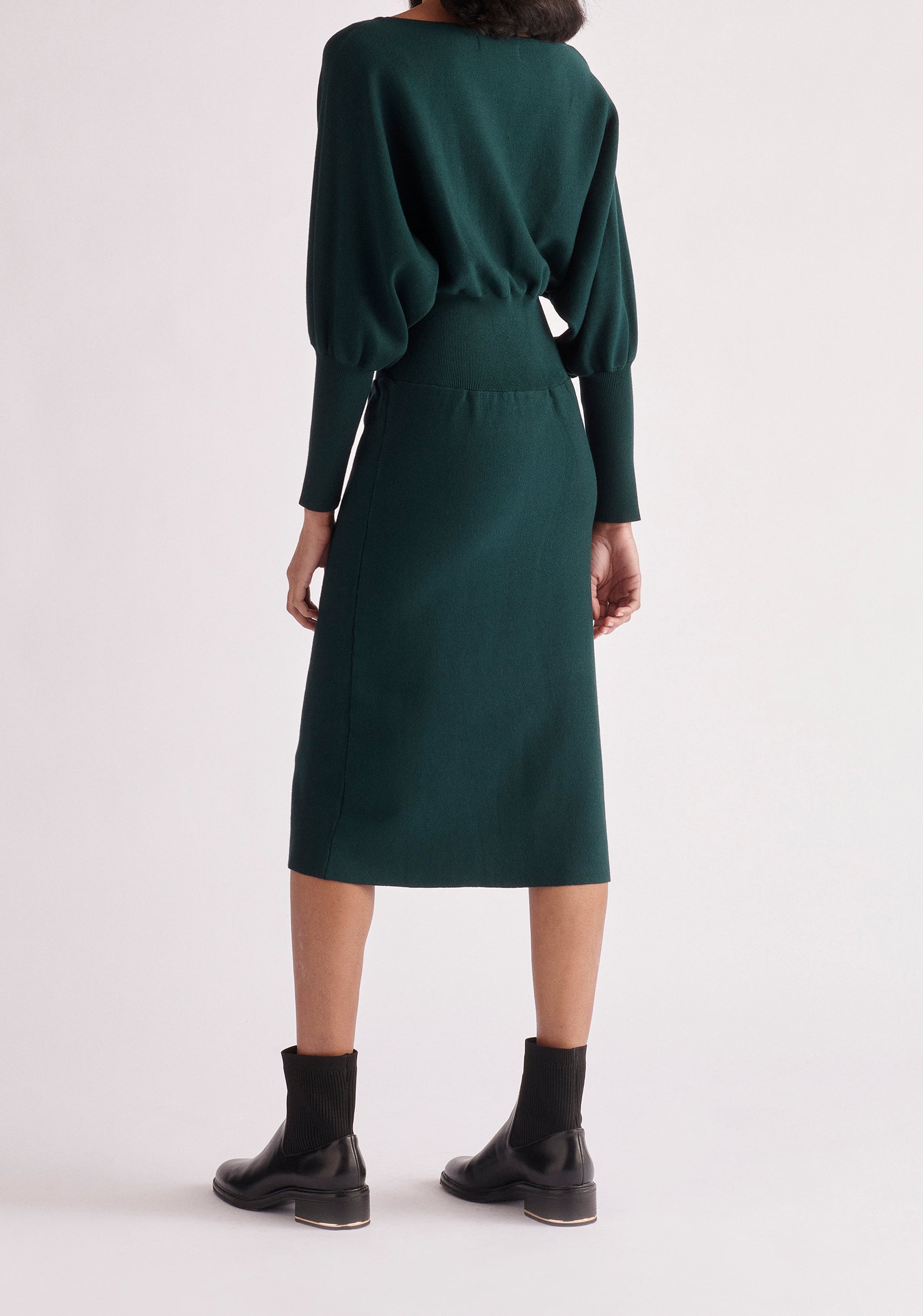 Paisie Balloon Sleeve Knitted Dress in Dark Green Back