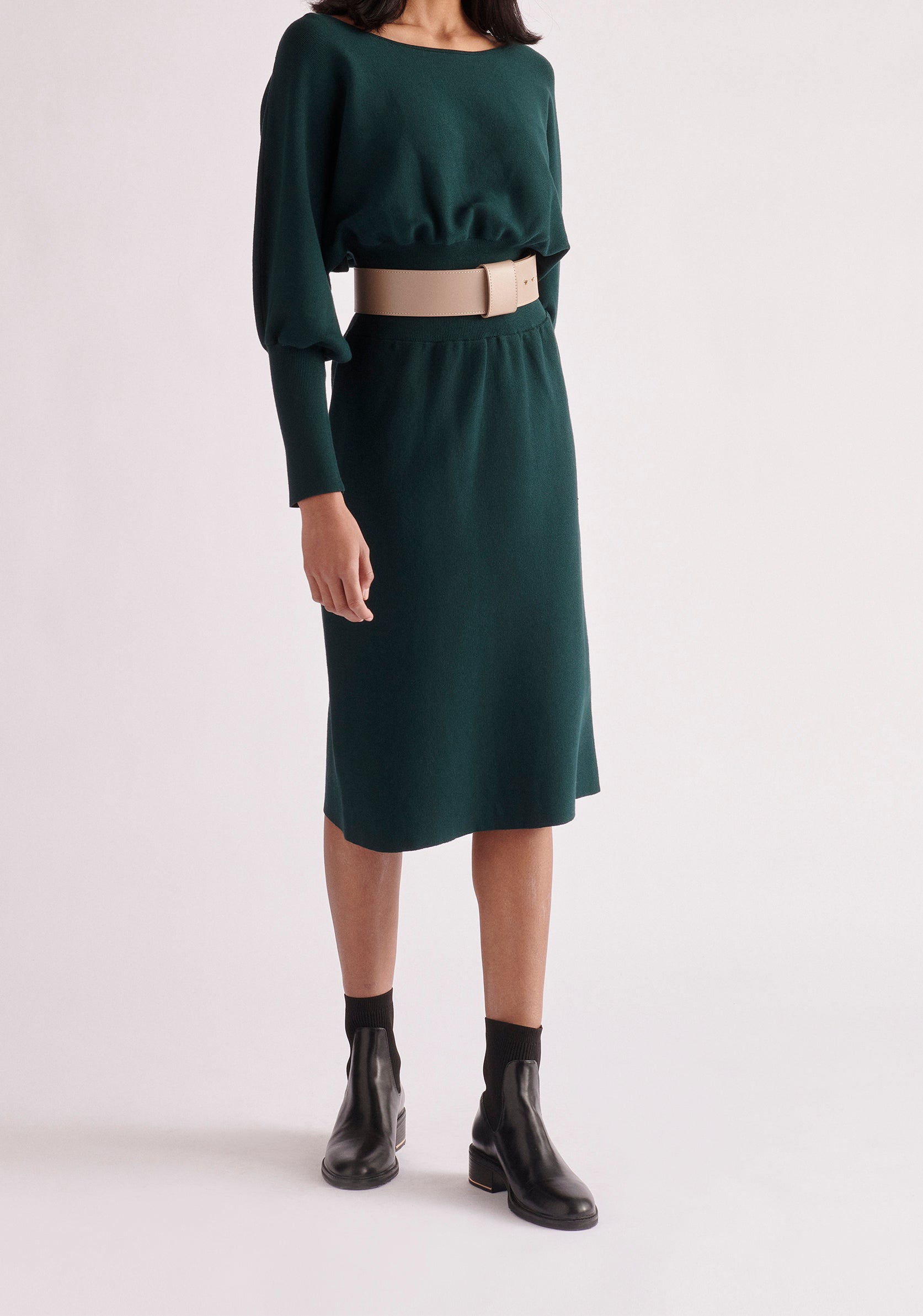 Paisie Balloon Sleeve Knitted Dress in Dark Green