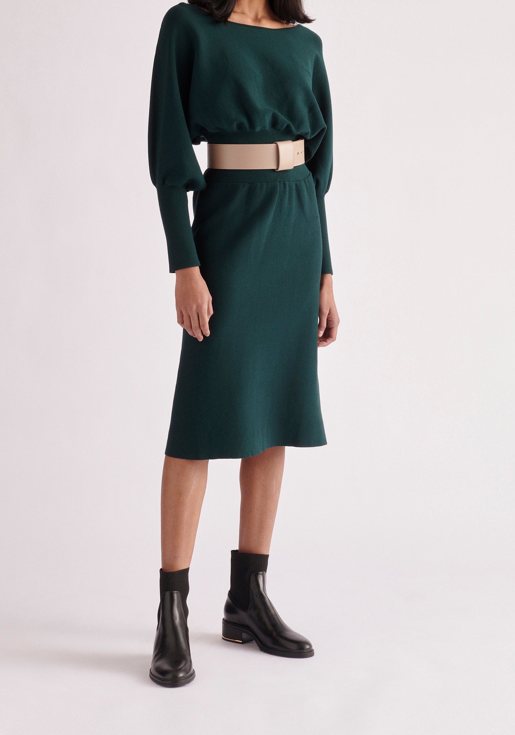 Paisie Balloon Sleeve Knitted Dress in Dark Green