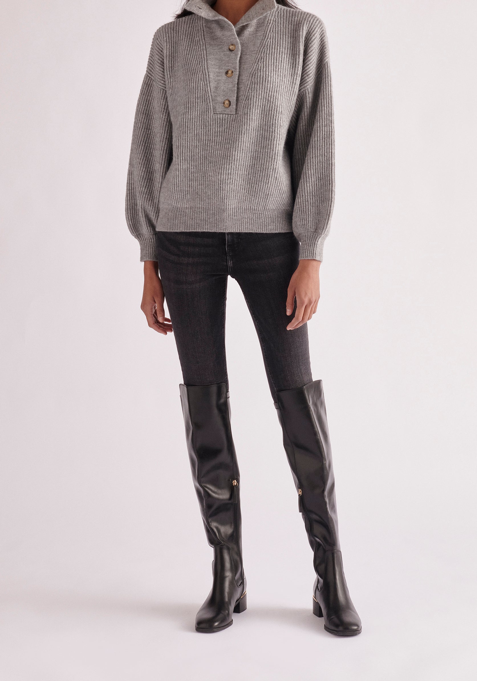 Paisie Button Neck Jumper in Light Grey