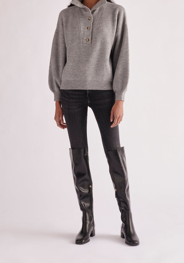 Paisie Button Neck Jumper in Light Grey