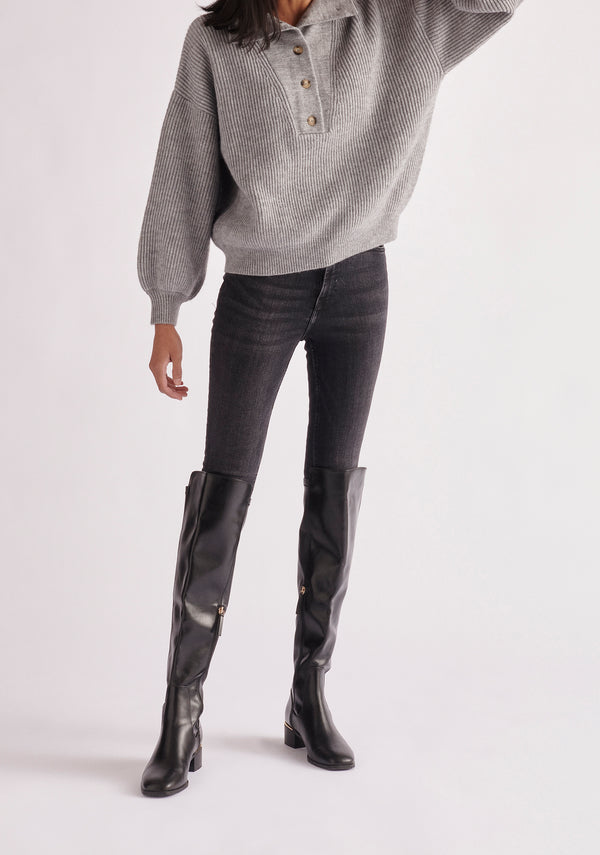 Paisie Button Neck Jumper in Light Grey