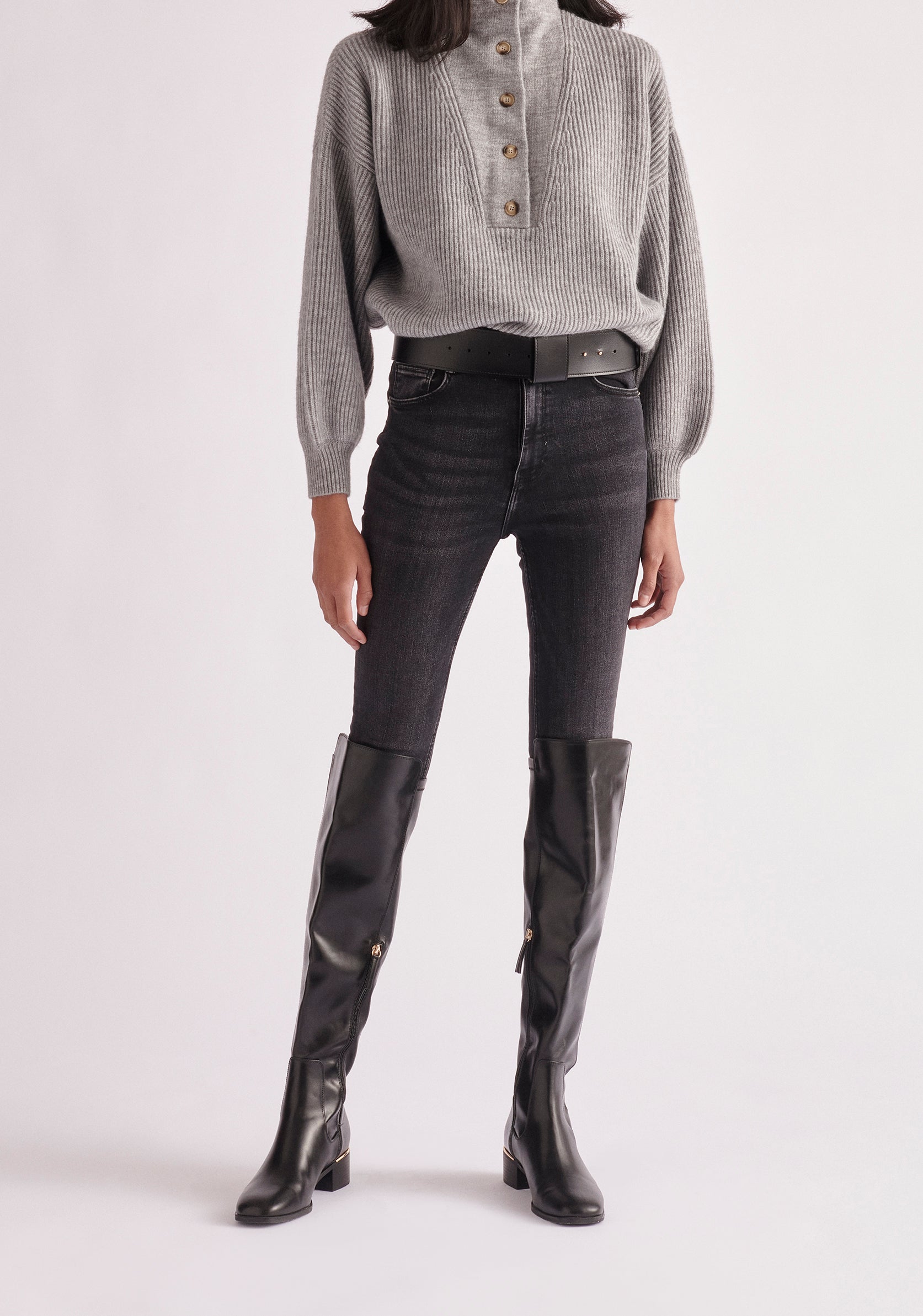 Paisie Button Neck Jumper in Light Grey