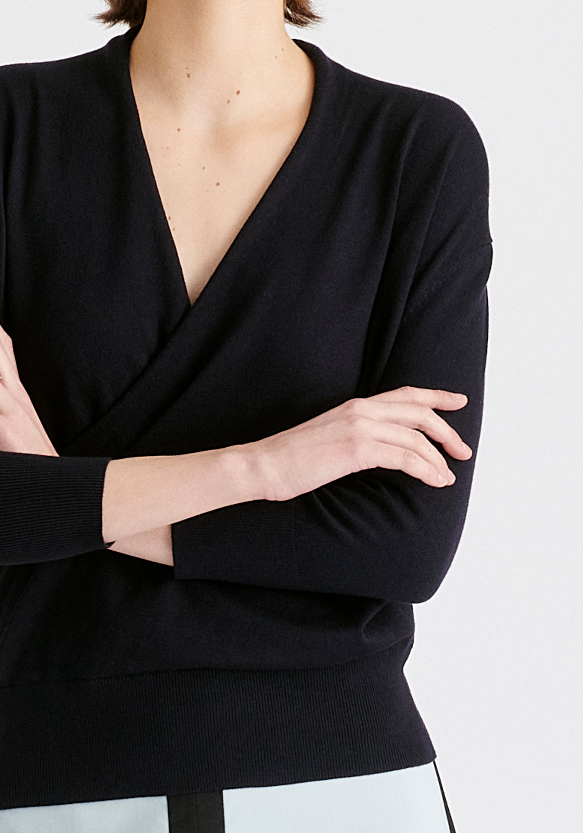 Cropped Sleeve Knit Wrap Top In Navy Close Up