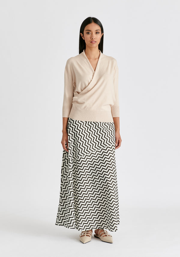 Cropped Sleeve Knit Wrap Top In Beige Front