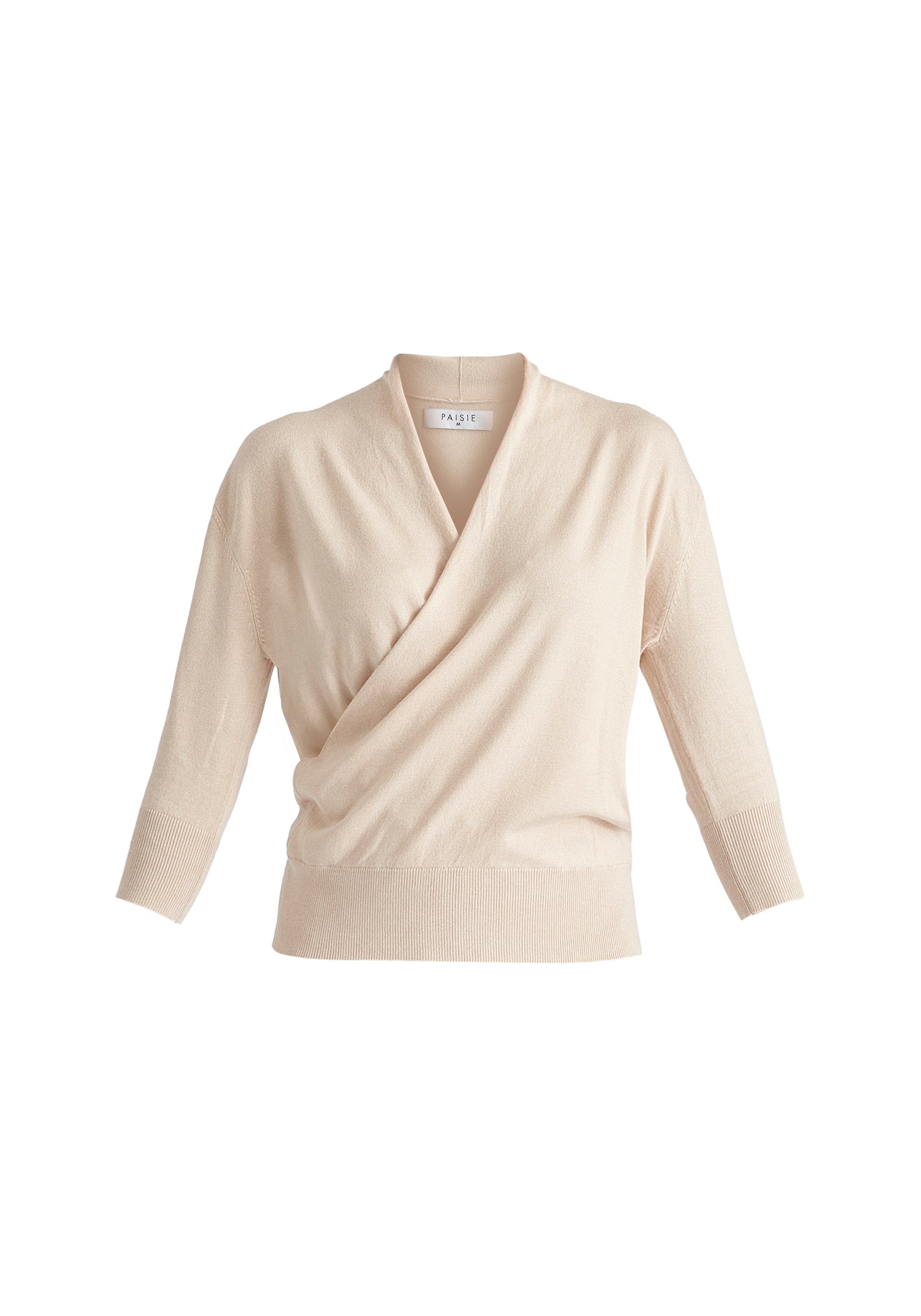 Cropped Sleeve Knit Wrap Top In Beige Cutout