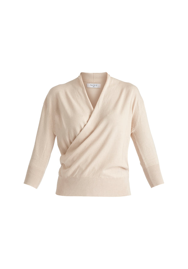 Cropped Sleeve Knit Wrap Top In Beige Cutout