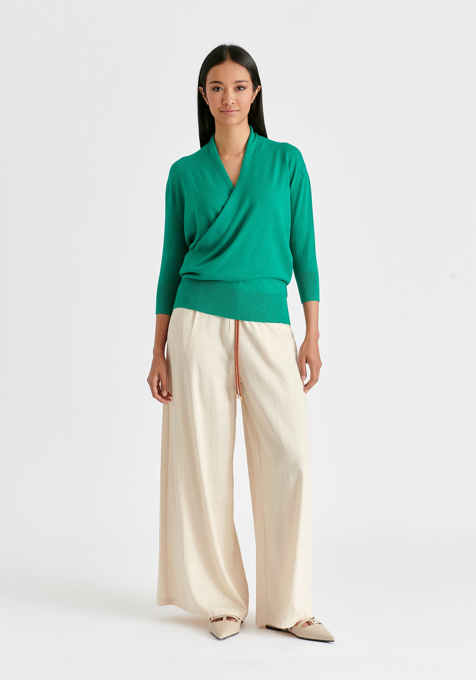 Cropped Sleeve Knit Wrap Top In Leaf Green