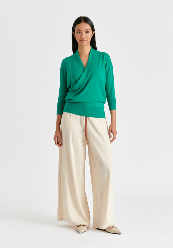Cropped Sleeve Knit Wrap Top In Leaf Green