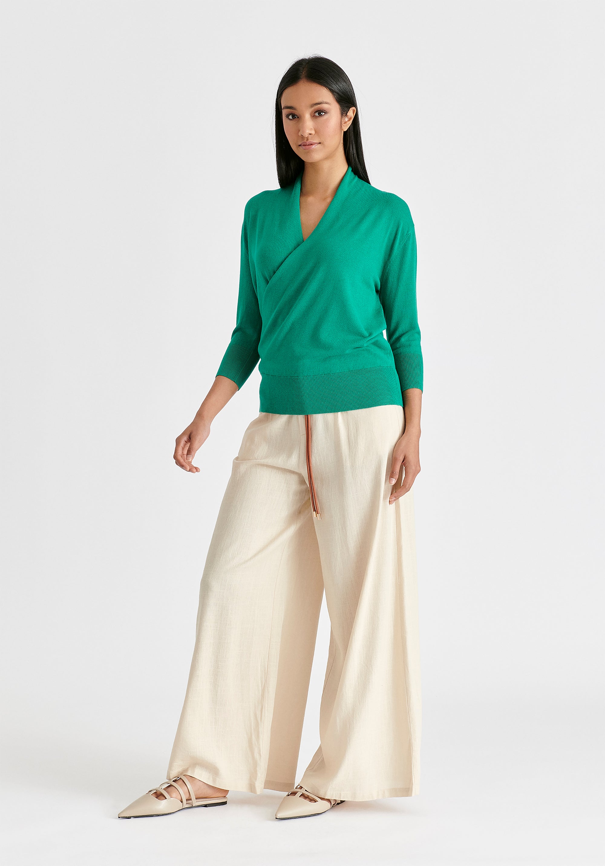 Cropped Sleeve Knit Wrap Top In Leaf Green Front