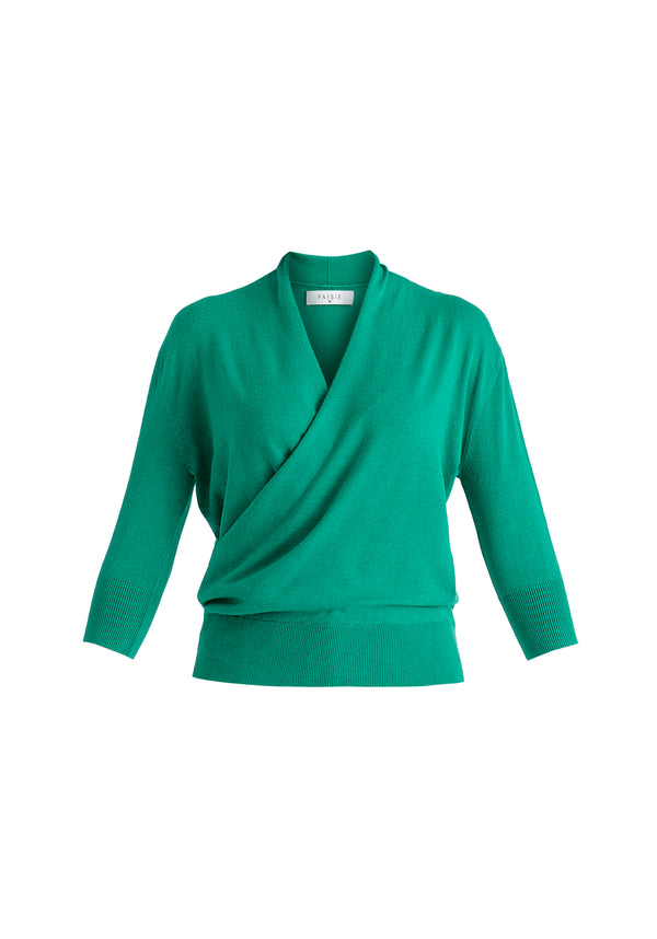 Cropped Sleeve Knit Wrap Top In Leaf Green Cutout