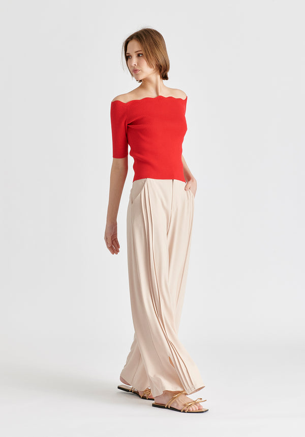 Scallop Neck Knit Top In Red Side