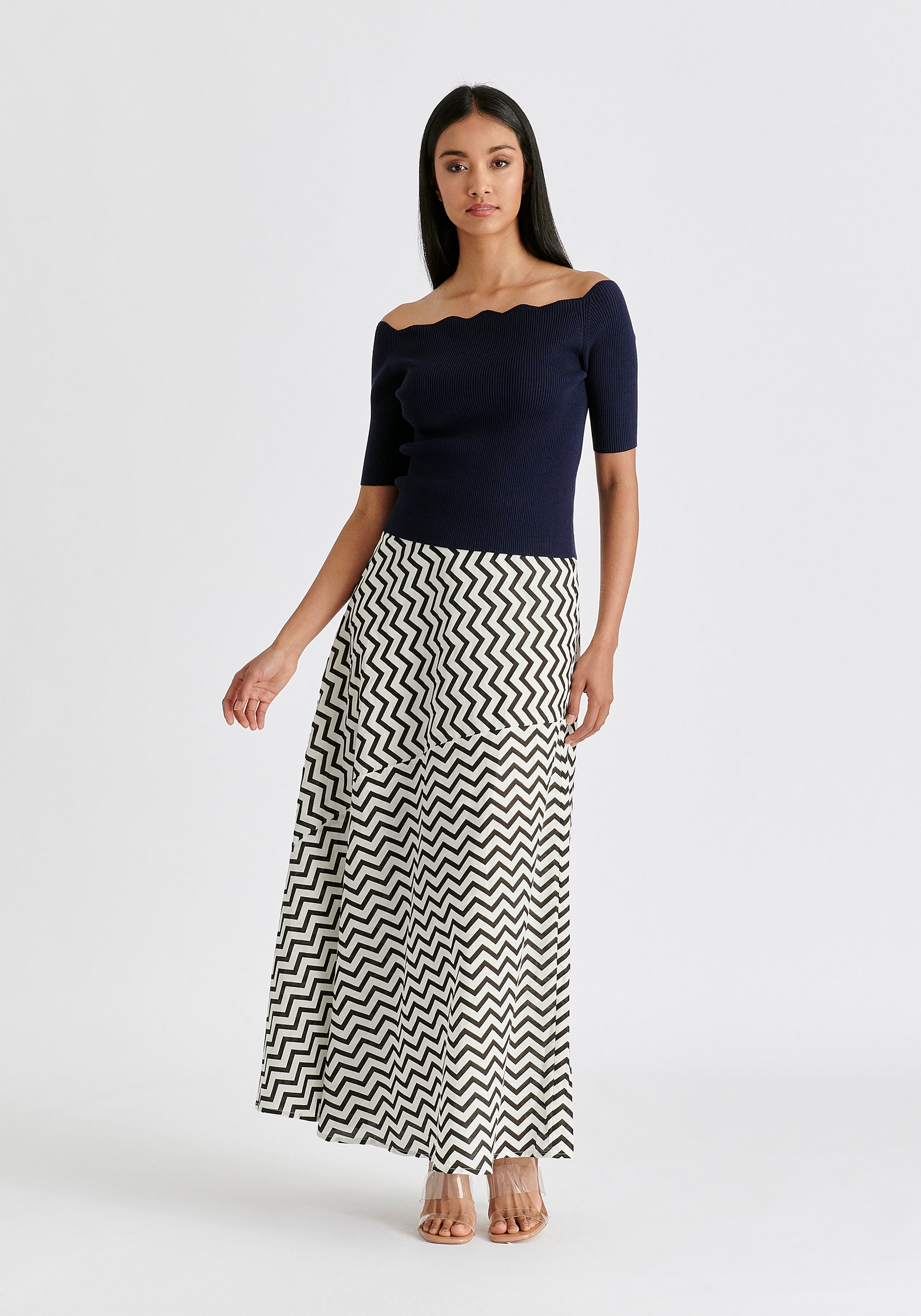 Scallop Neck Knit Top in Navy