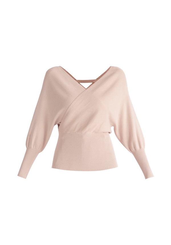 Paisie Balloon Sleeve Wrap Top in Blush Cut Out