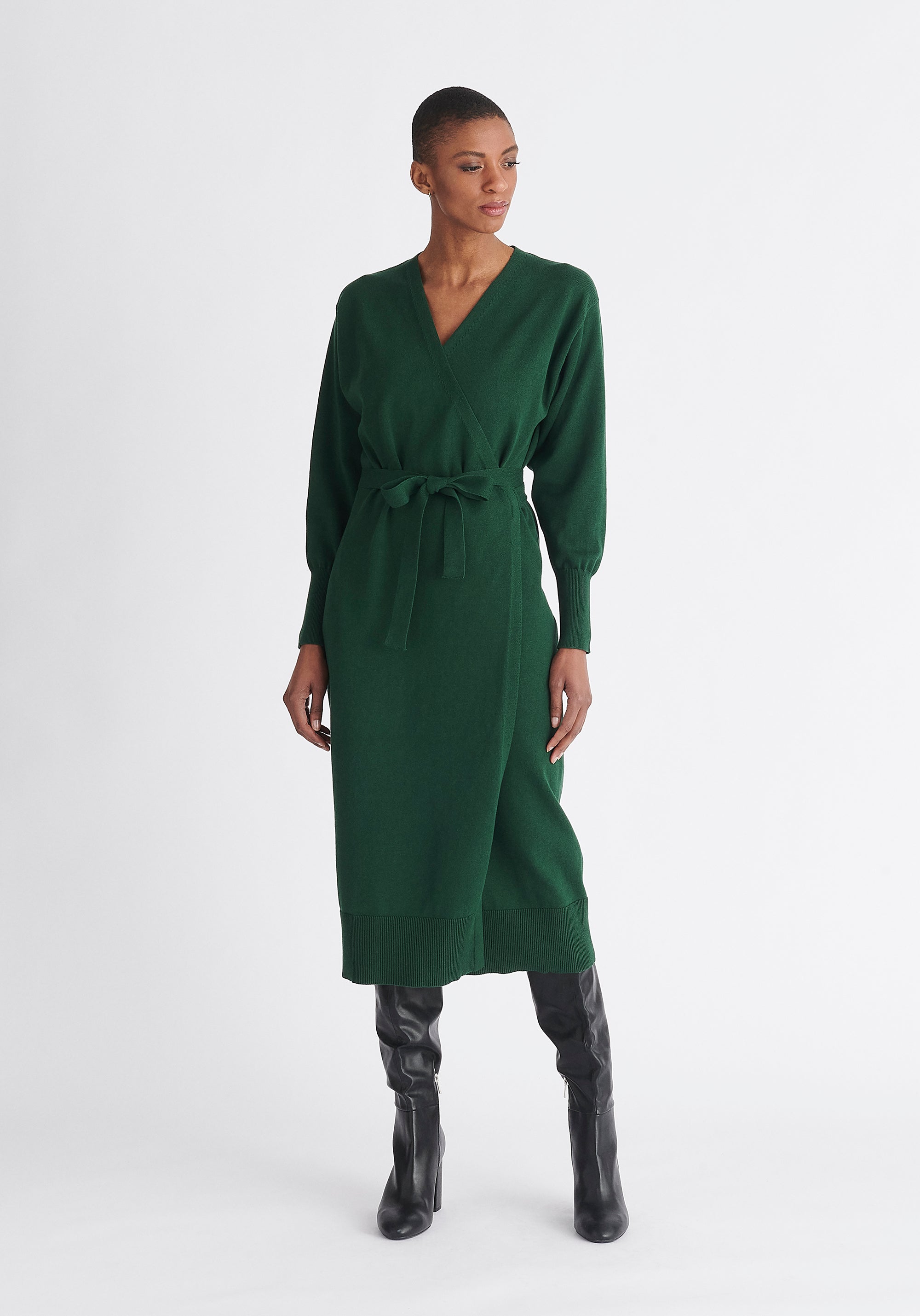 Paisie Knitted Wrap Dress in Green