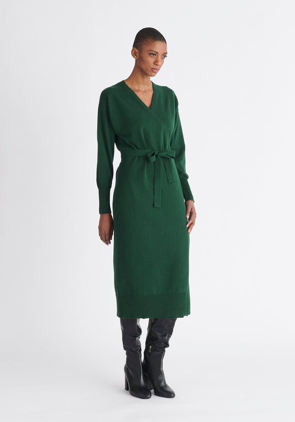 Paisie Knitted Wrap Dress in Green