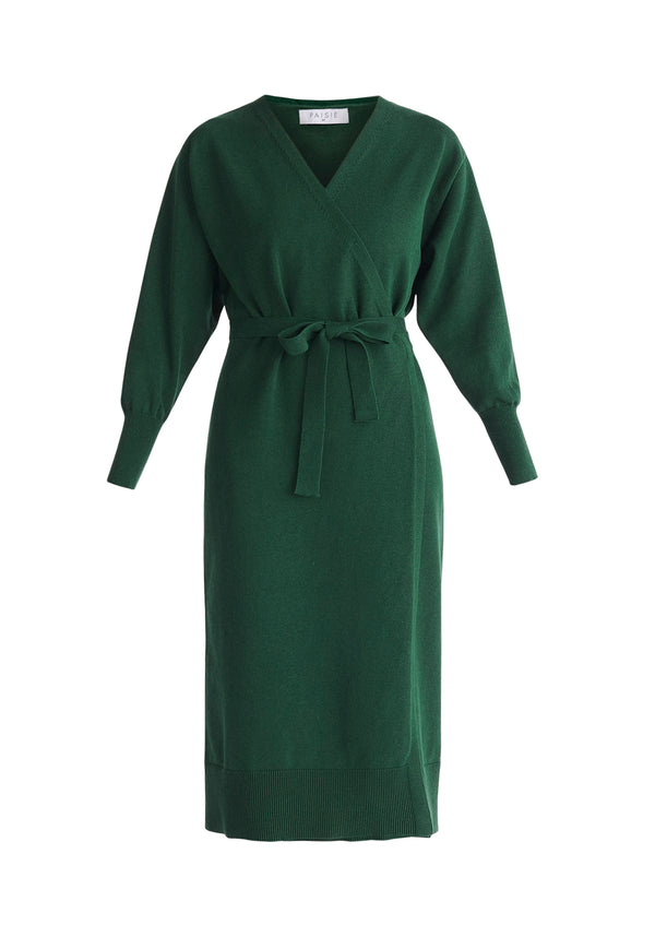 Paisie Knitted Wrap Dress in Green Cut Out