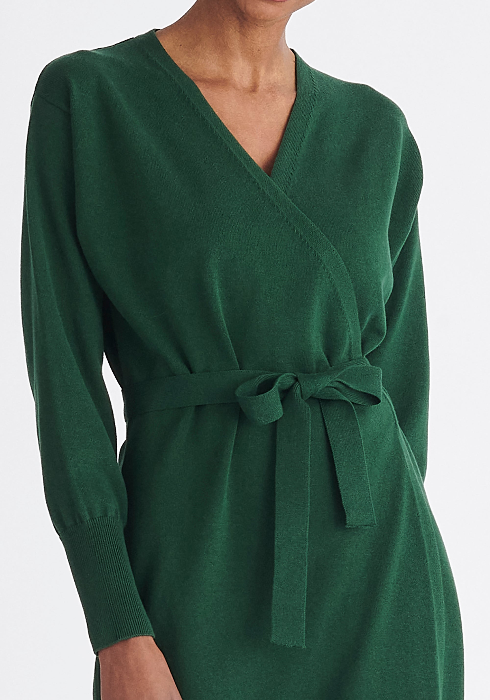 Paisie Knitted Wrap Dress in Green Close Up