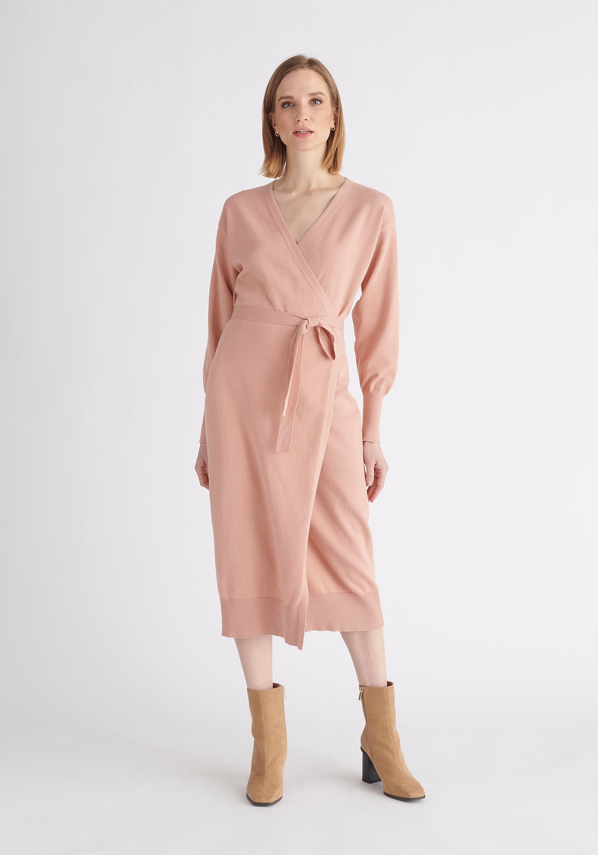 Paisie Knitted Wrap Dress in Pink