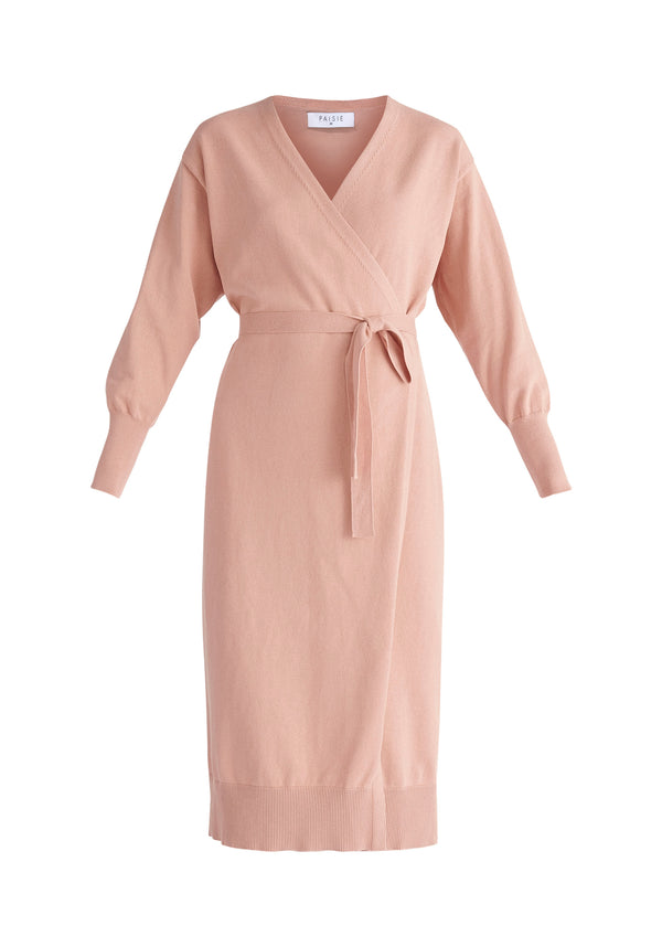 Paisie Knitted Wrap Dress in Pink Cut Out