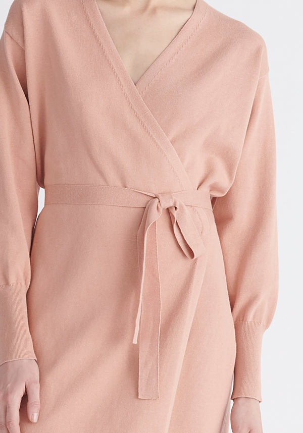 Paisie Knitted Wrap Dress in Pink Close Up