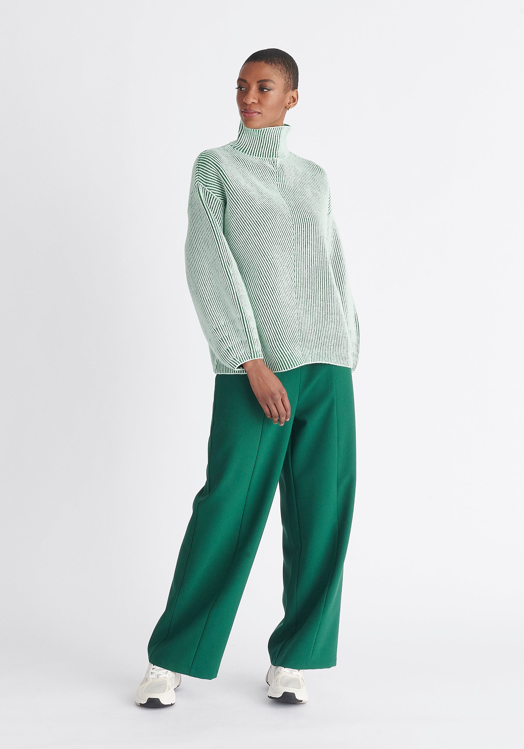 Paisie Striped Balloon Sleeve Jumper in Green