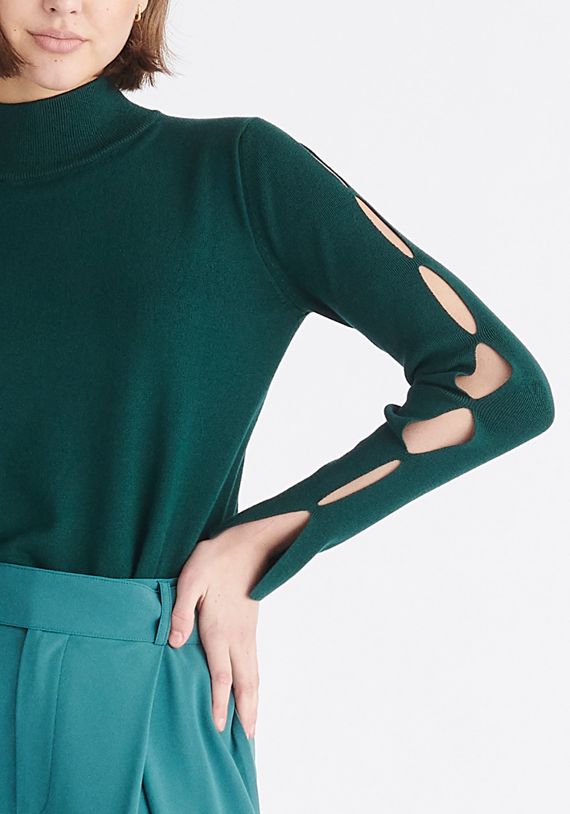 Paisie Knitted Cut Out Sleeve Top in Dark Green Close Up