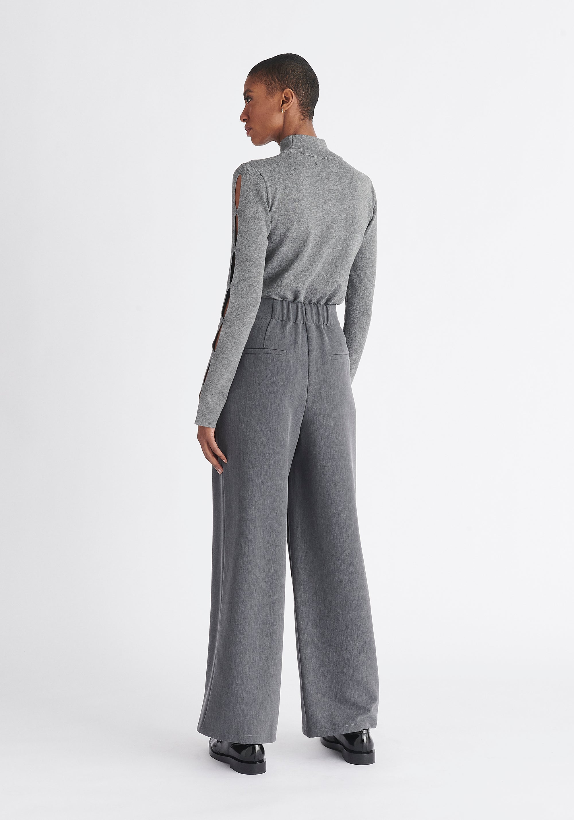 Paisie Knitted Cut Out Sleeve Top in Grey Back